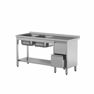 Przyścienny stół z 2 zlewami, szufladami i półką 1600x600x850 mm | STW-166/2 PL L 2DR S